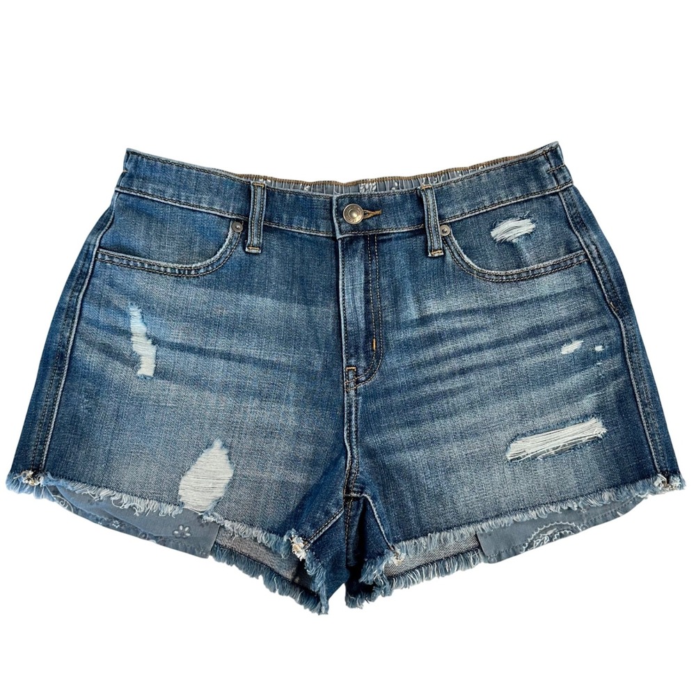 Aerie Womens Distressed Denim Shorts Blue Floral Trim Raw Hem Size Small